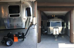 airstream being put in a small garage with airtug trailer tug