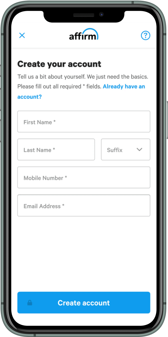 screenshot of creating account